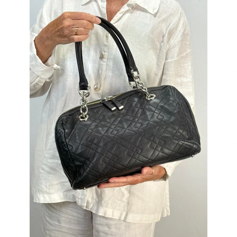 Calvin Klein Black Quilted Leather Satchel Bag Silver Chain Tassel Charm Handbag